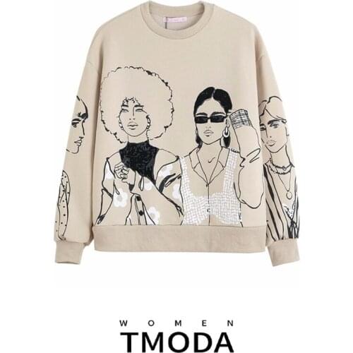 TMODA1069 Za 2021 Women Charater Print Gray Sweatshirts Oversize Long Sleeve O Neck Loose Pullovers Female Outerwear Chic Tops