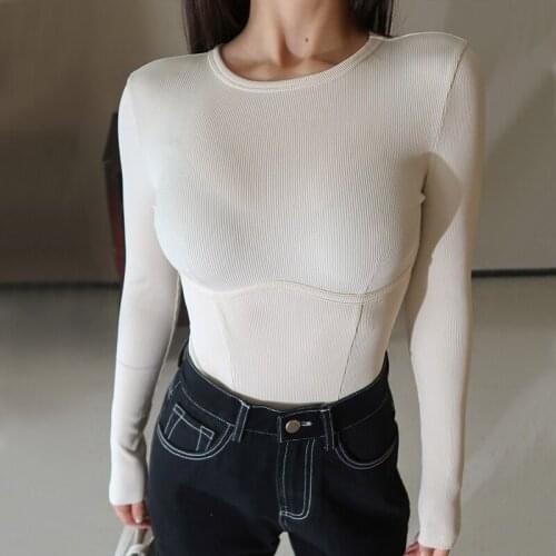 Women Crew Neck Bust Seams And Long Sleeve Bodysuit S192