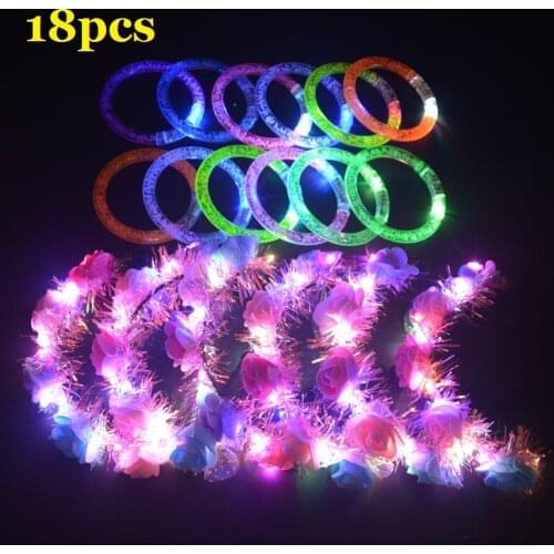 12pcs Bracelet and 6pcs Flower Wreath ,Glow in the Dark Birthday Wedding Party Gift For Women Girls Christmas Halloween