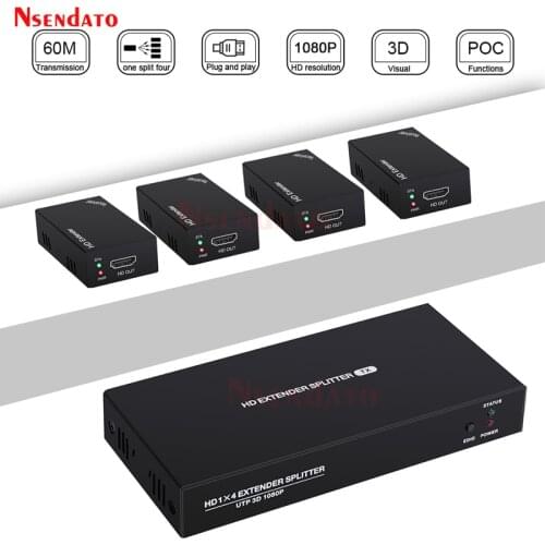 1x4 HD Extender RJ45 60M Over Cat5e 6 Ethernet TX 1080P HD UTP Splitter 1 in 4 out Extender Transmitter Receiver Adapter for PS4