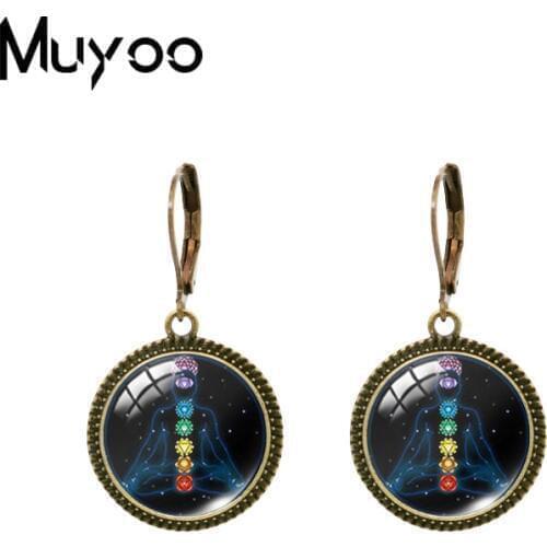 2020 New 7 Chakra Reiki Photo Dangle Earring Yoga Meditation Vintage Earrings Round Glass Dome Handmade Jewelry
