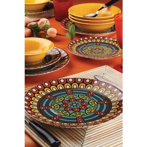 26 Piece Kütahya porcelain plate set dinner set bowl mustard colored patterned plate authentic pattern durable plate Turkish
