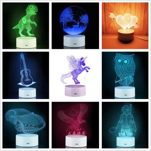 7 Color Lamp 3d Visual Led Night Lights Dinosaur Guitar Owls Eagle Car Unicorn Kids Touch Usb Table Lampara Lamp Bedroom Deco r