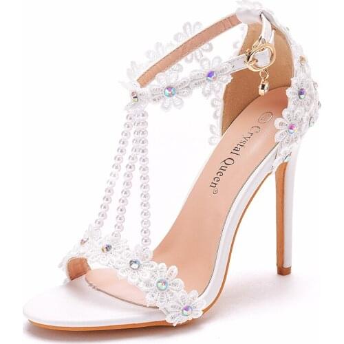 Sandals white one-word buckle shoes stiletto fish mouth Roman open-toed sandals 11 cm beaded high-heeled sandals