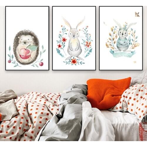 Nordic Childrens Room Decorative Painting Rabbit Deer Elephant Feather Headdress Modern Cartoon Animal Hanging Painting Canvas