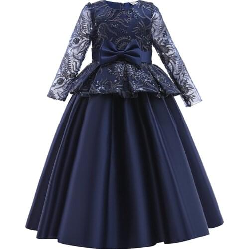 Sequined Bow Children Tutu Princess Birthday Party Prom Evening Infant Long Sleeve Summer Dress Gown Vestidos Baby Girls Clothes