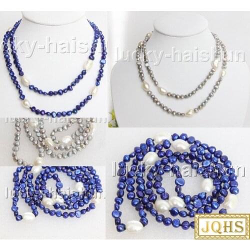JQHS Baroque 34" 8mm navy blue gray white freshwater pearls Beaded Strand necklace j11450-3