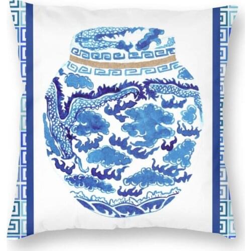 Chinese Ginger Jar Floral Pattern Cushion Cover Vintage Delft Blue Throw Pillow Case for Car Fashion Pillowcase Home Decorative
