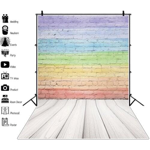 Laeacco Rainbow Brick Wall Wooden Floor Baby Portrait Photography Backgrounds Photographic Backdrops For Doll Birthday Photocall