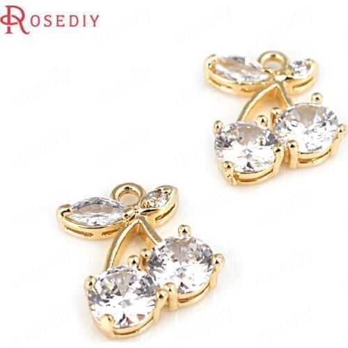 4PCS 13x17MM 24K Champagne Gold Color Plated Brass with Zircon Cherry Charms Pendants High Quality Diy Jewelry Accessories