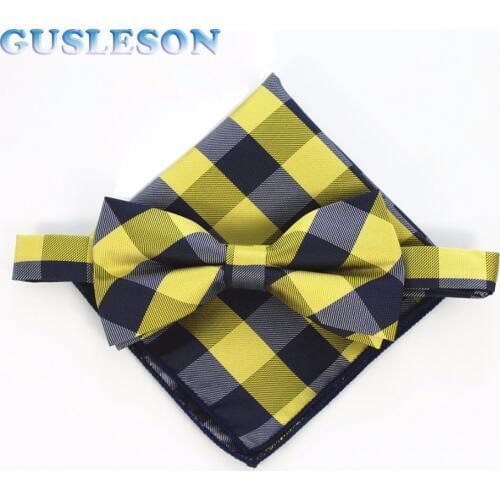 GUSLESON Fashion Mens Bowtie And Pocket Squares Set Man Bow Tie Handkerchief Set For Wedding Vintage Plaid Hanky Necktie