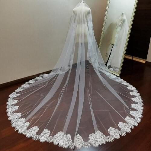 Soft Tulle Cathedral Mantilla Wedding Veil Eyelash Lace 3 Meters One Layer Long White Ivory Bridal Veil with Comb Voile Mariage