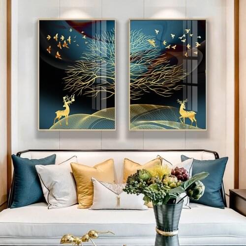 Golden Abstract Deer Tree Bird Wall Art Canvas Painting Nordic Posters and Prints Wall Pictures for Living Kids Home Decoration