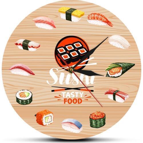 Japanese Cuisine Handmade Sushi Plate Acrylic Print Wall Clock Raw Seafood Frameless Borderless Asian Kitchen Chef Sushibar Gift