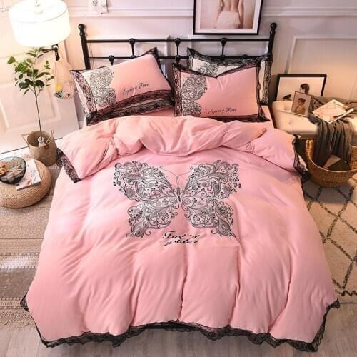 New 100% Washed cotton Bedding Sets Duvet Cover flat/fitted sheet Queen King Size Thicken butterfly embroidery lace 4pcs