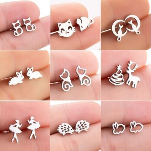 Oly2u Lovely Cat Deer Bunny Hedgehog Small Studs Earrings Stainless Steel Mini Animal Earings for Women Kids
