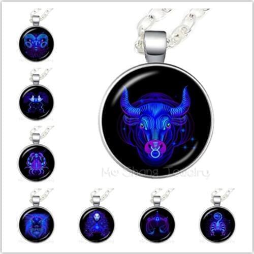 Aries/Taurus/Gemini/cancer/LEO/Virgo/Libra/Scorpio Zodiac Signs Necklace 12 Constellations Cabochon Glass Gem Birthday Gift
