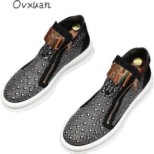 OVXUAN Botas Hombre Metal Sheet High Top Spliciing Leather Rhinestone Zipper Ankle Boots Men Shoes Flats Botines Zapatillas 2021