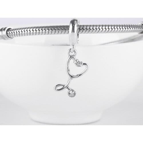 Authentic S925 Dangle Charm Stethoscope Heart Pendant Bead fit Lady Bracelet Bangle Girl Birthday Gift DIY Jewelry