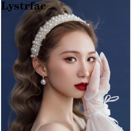 Lystrfac Luxury Pearl Headband Women Girls Handmade Crystal Beaded Hairband Bezel Fashion Wide-brim Hair Accessories Headwear