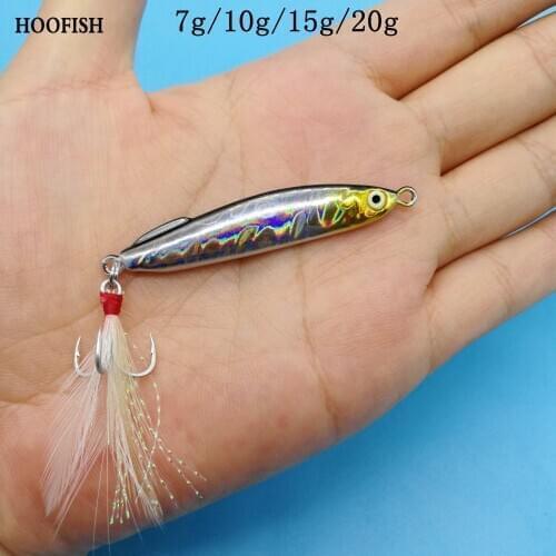 HOOFISH 3PCS/lot NEW Lead fish jigging fishing lure 7g/10g/15g/20g Luminous Eye metal jig with feather hook microjigging BAIT
