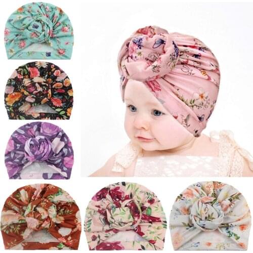 Newborn Baby Girl Hats Flowers Print Soft Cute Turban Knot Rabbit Hospital Cap Beanie Hat