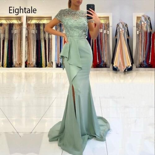 Eightale Mint Green Evening Dress Mermaid O-Neck Cap Sleeve Chiffon Ruched Custom Made Arabic Prom Wedding Party Gown 2021