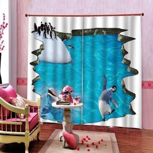 Modern Luxury Custom Dolphins playing in water penguin 3D Blackout Curtain For Kids Bedding room Blackout Window Drapes Decor
