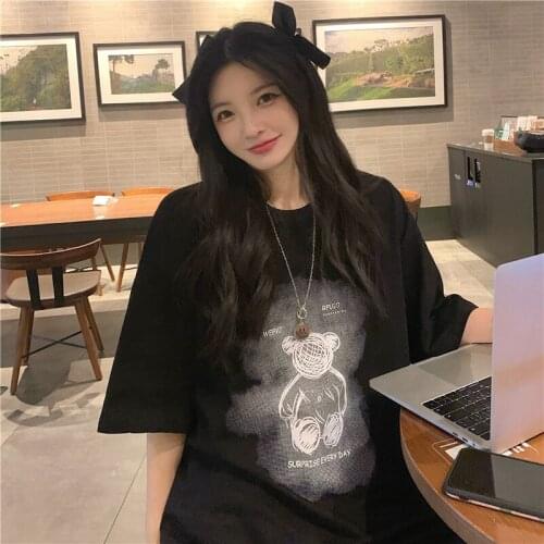 Loose Cartoon Bear Print Tshirt Womens T-shirts Tops Japanese Kawaii Ladies Ulzzang Female Korean Harajuku Clothes For Women