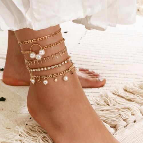 Modyle Layered Crystal Simulated Pearl Anklets for Women Bling Rhinestone Chain Ankle Bracelet Beach Barefoot Female Jewelry