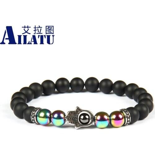 Ailatu Protection Bracelet Stainless Steel Fatima Hand Hamsa Bracelet with 8mm Natural Matte Onyx Stone Beads Top Quality