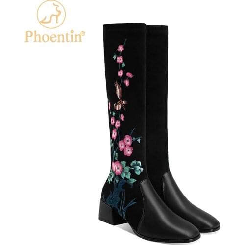 Phoentin Ethnic Floral Embroidered knee High boots Elegant woman real leather long boots mid heels square toe shoes black FT1311