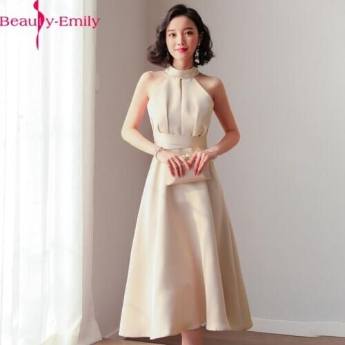 Beauty Emily Charming Halter Neck Evening Dresses 2020 Fashion Sleeveless Bow Pleated 4 Colors Party Dress Vestido De Noche