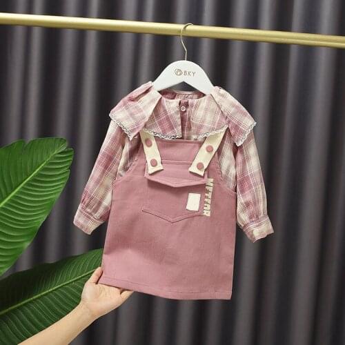 2PCS Toddler dress Baby Long Sleeve Plaid Shirt + Denim strap dress Childs birthday gift Baby girl outfit Casual Girls clothes