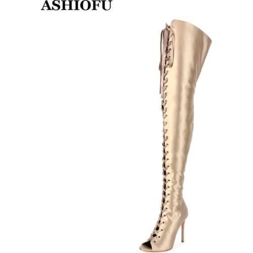 ASHIOFU New Handmade Womens High Heel Thigh High Boots Cross-strap Sexy Club Over Knee Boots Evening Pole-dancing Fashion Boots