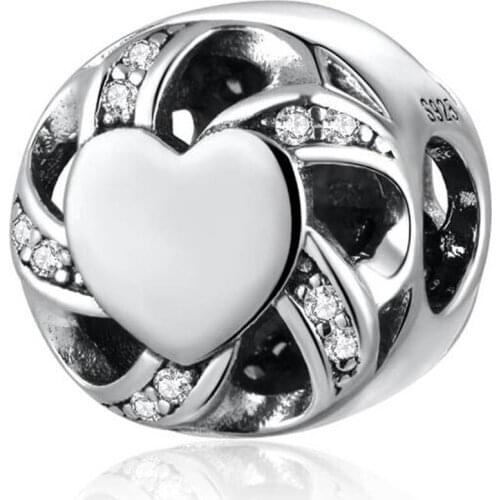 Authentic S925 Silver Bead DIY Jewelry Celebration Of Ribbon Love Heart Charm fit Lady Bracelet Bangle Clear CZ