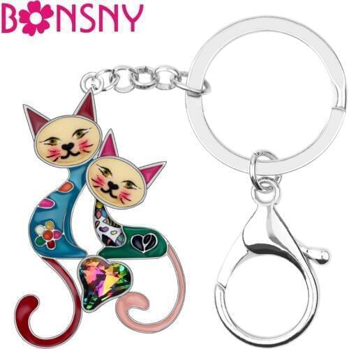 Bonsny Enamel Alloy Rhinestone Double Cat Key Chains Keychains Ring Crystal Animal Jewerly For Women Girls Bag Pendant Gift 2019