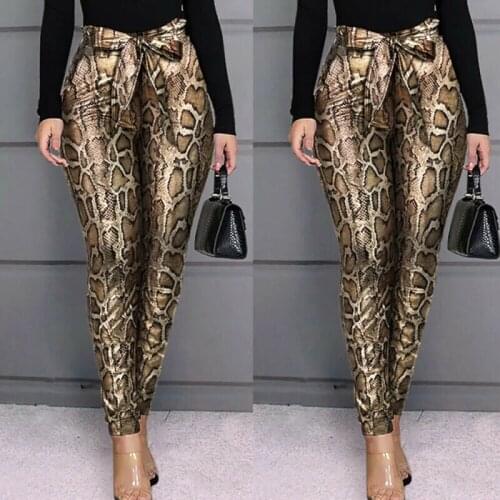 Women Stretch Pencil Pants Work Slim Fit Professional Trousers Snake Skin Hip Push Up Skinny Tight High Waist Bow-knot Trousers