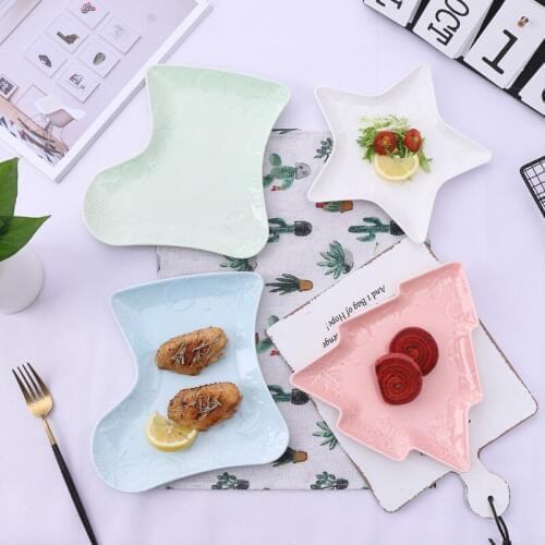Color embossed porcelain Christmas dinner plate, kids funny christmas candy tray, ceramic children tree cute dish, sock plate