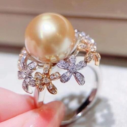 D531 Solid 925 Sterling Silver Round 12-13mm Nature Fresh Water Golden Pearls Rings for Women Fine Jewelry Presents