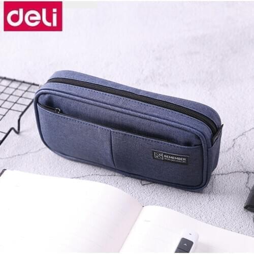 Deli 66782 High capacity pencil bag for student child school stationery supply 3 pockets w/zippers Imitation flax bag 3 color