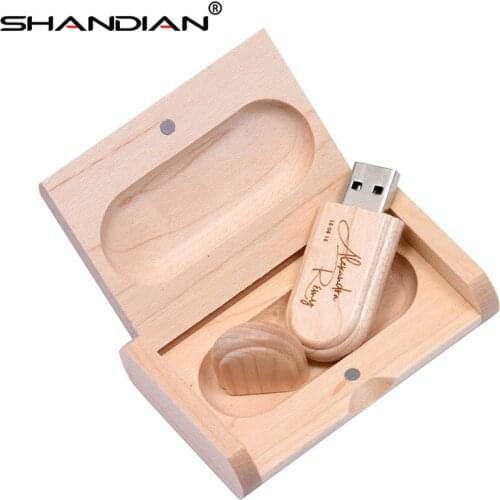 SHANDIAN 1PCS free custom logo laser engraving wooden+Box pendrive 4GB 8GB 16GB 32GB 64GB USB Flash Drive photography gift