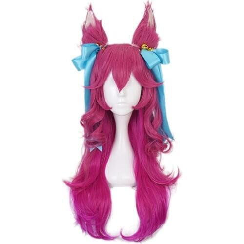 Game Spirit Blossom Ahri Women Long Wig With Ears Headwear Cosplay Costume Heat Resistant Synthetic Hair Party Role Play Wigs