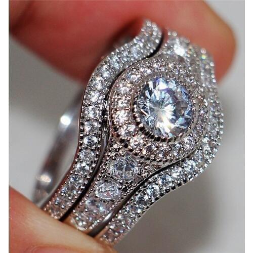 Luxury Female Round AAA White Zircon Dazzling Retro Set of Rings Bride Wedding Engagement Full Drill Jewelry Couple Ring