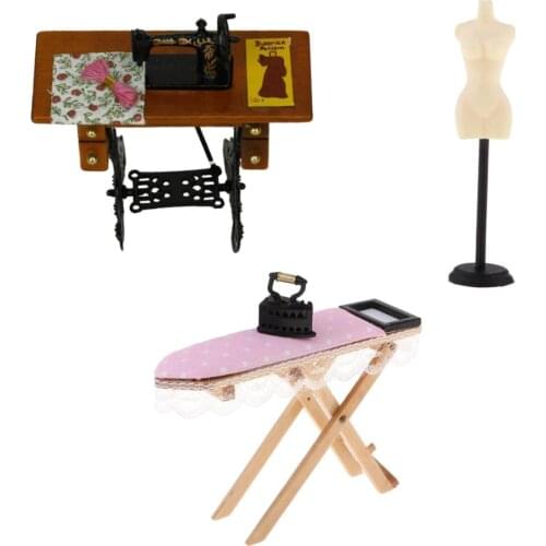 3pcs 1:12 Dollhouse Miniature DIY Ironing Board, Sewing Machine & Mannequin Model Stand Room Decor Accessories