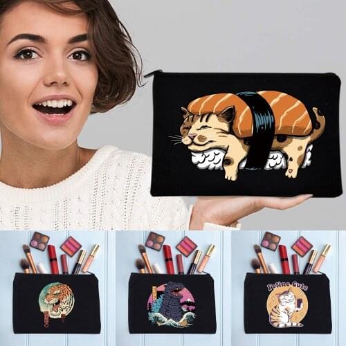 Fashion Japan-cat Pattern Womens Cosmetic Bag Zipper Makeup Bag Female Handbags Black Pencil Cases
