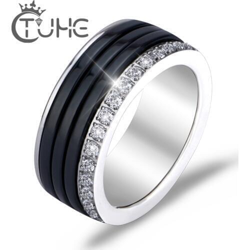 2019 8mm One Layer Inlaid Zircon Engagement Ring For Women Men anillos Good Quality Stainless Steel Ceramic Rings Men One Rings