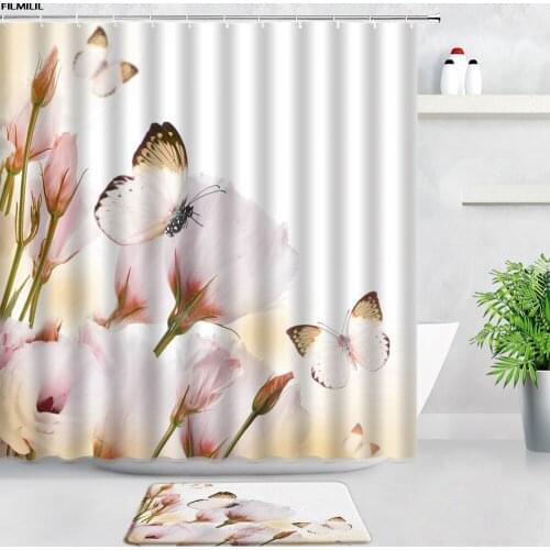 Rural Butterfly Pink Rose Flowers Shower Curtains Bath Mat Set Tulip Garden Scenery Bathroom Carpet Non-slip Door Pad Home Decor