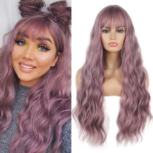 Natifath Long curly hair with bangs wig Corn ironing Wig Thin rattan color middle part wig Synthetic hair for women