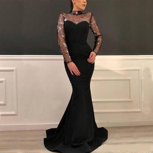 Sexy Long Sleeve Evening Dress Black Sheer High Neck Colorful Sequins Mermaid Formal Prom Party Gowns Custom Made